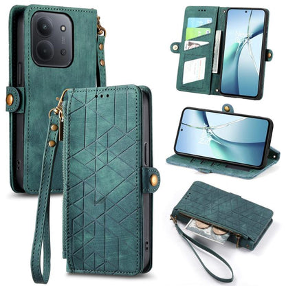 Geometric zipper wallet phone case in teal green leather with wrist strap and card slots