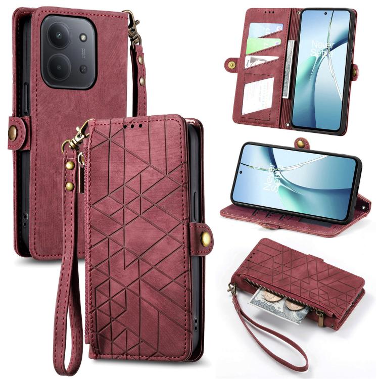 Pink geometric zipper leather phone case wallet with wrist strap and card slots