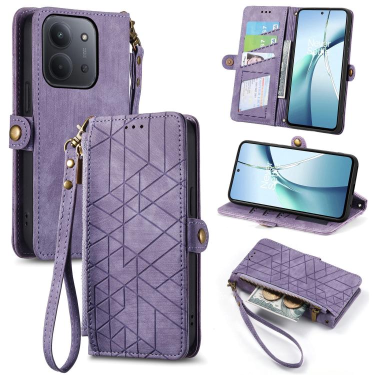 Purple geometric zipper leather phone case wallet with wrist strap and card slots