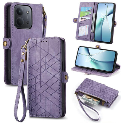 Purple geometric zipper leather phone case wallet with wrist strap and card slots