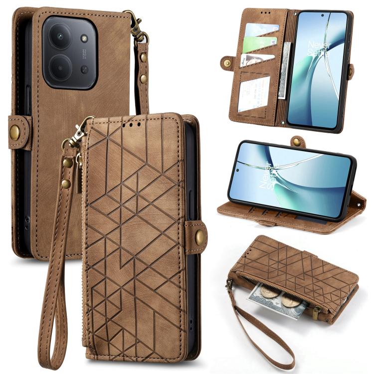 Brown geometric zipper leather phone case wallet with wrist strap and card slots