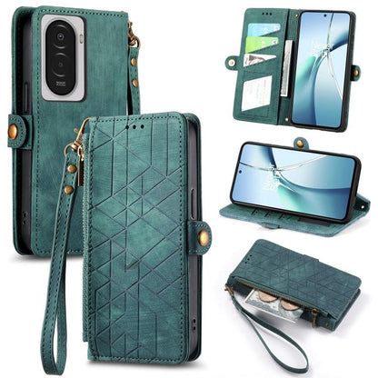 Geometric zipper wallet phone case in green leather with wrist strap and card slots