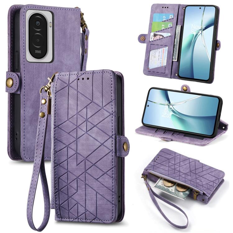 Geometric zipper wallet phone case in purple leather with wrist strap and card slots