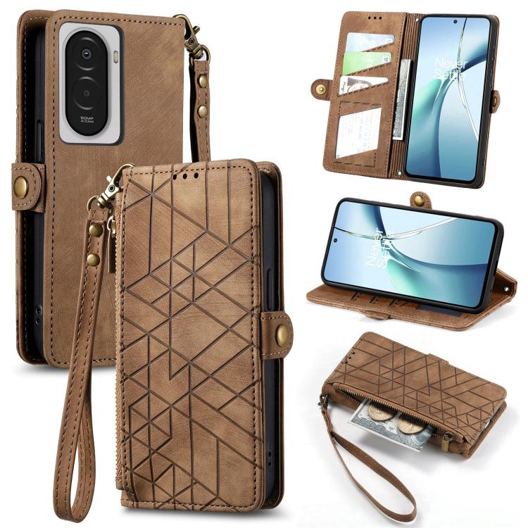 Geometric zipper wallet phone case in tan leather with wrist strap and card slots