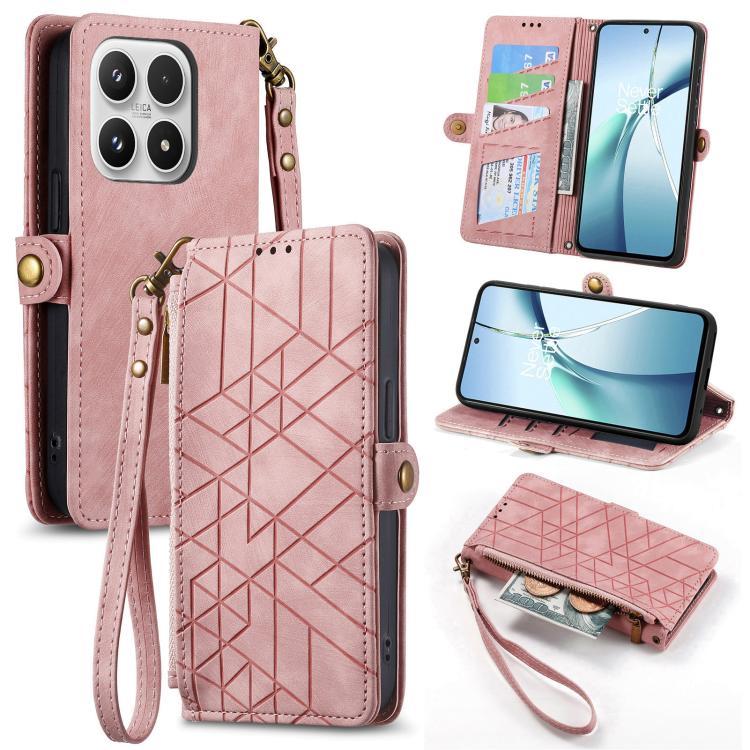 Pink leather phone case with geometric pattern, side buckle, zipper wallet flap, wrist strap