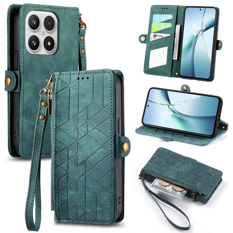 Green leather phone case with geometric pattern, side buckle, zipper wallet flap, wrist strap