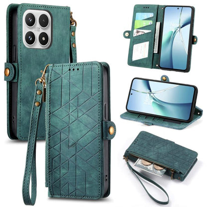 Green leather phone case with geometric pattern, side buckle, zipper wallet flap, wrist strap