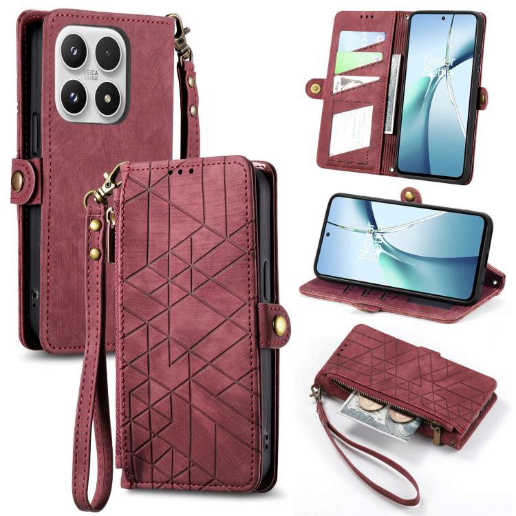 Red leather phone case with geometric pattern, side buckle, zipper wallet flap, wrist strap