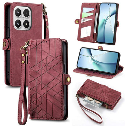Red leather phone case with geometric pattern, side buckle, zipper wallet flap, wrist strap