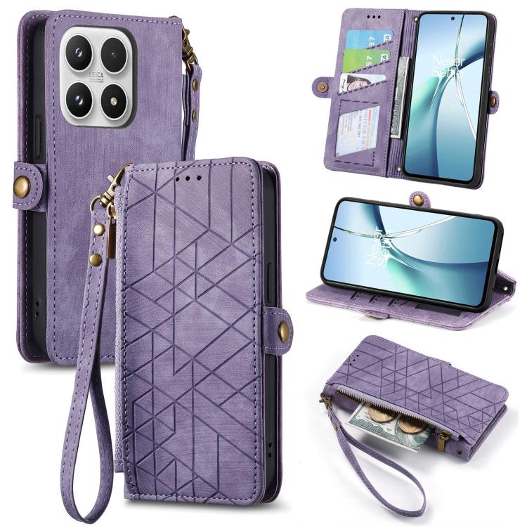 Purple leather phone case with geometric pattern, side buckle, zipper wallet flap, wrist strap
