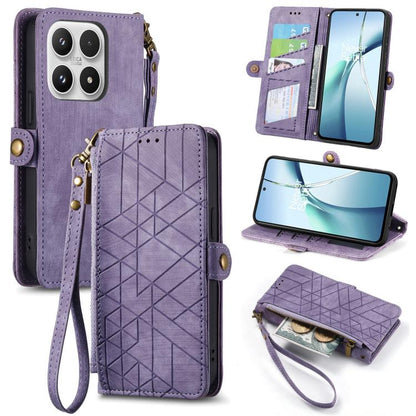Purple leather phone case with geometric pattern, side buckle, zipper wallet flap, wrist strap