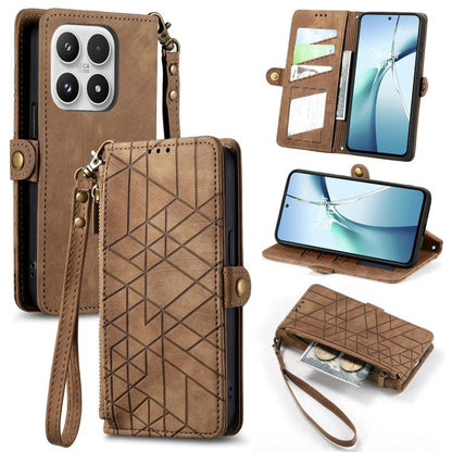 Geometric zipper wallet phone case in brown leather with wrist strap and card slots