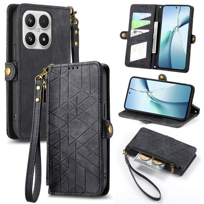 Geometric zipper wallet phone case in black leather with wrist strap and card slots
