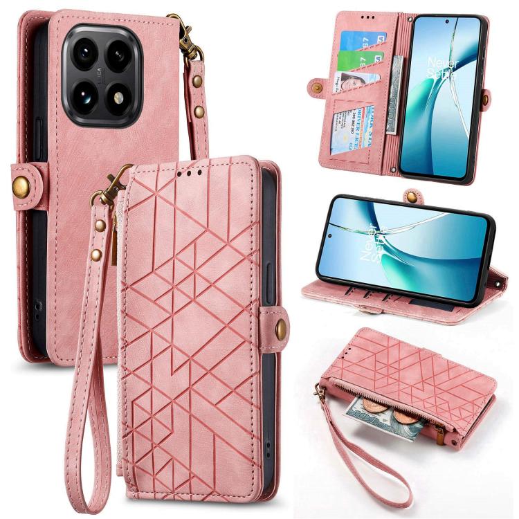Geometric zipper wallet phone case with side buckle, pink leather-look design