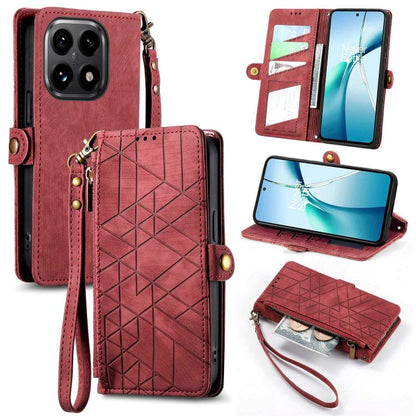 Geometric zipper wallet phone case with side buckle, red leather-look design