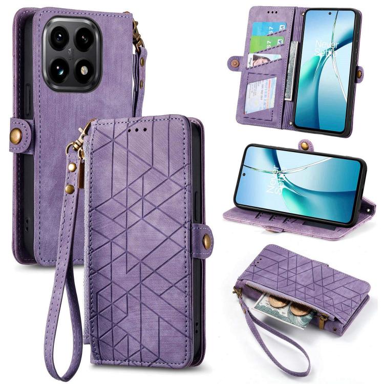 Geometric zipper wallet phone case with side buckle, purple leather-look design
