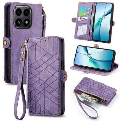 Geometric zipper wallet phone case with side buckle, purple leather-look design