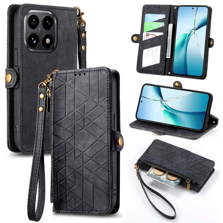 Geometric zipper wallet phone case with side buckle, black leather-look design