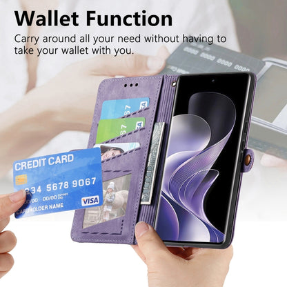 Purple zipper wallet phone case with card slots and wallet opening, side buckle
