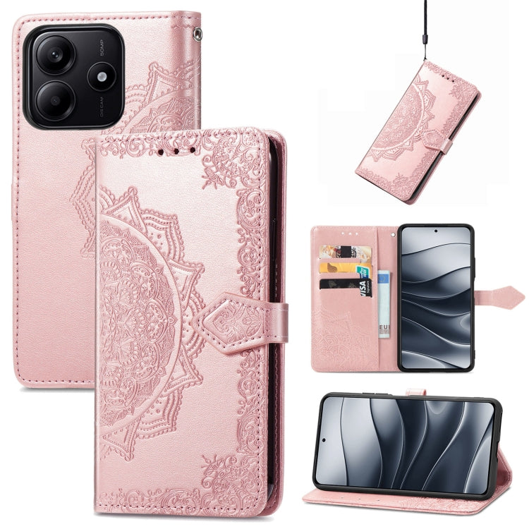 Rose gold mandala-embossed leather phone case with folio flap and card slot