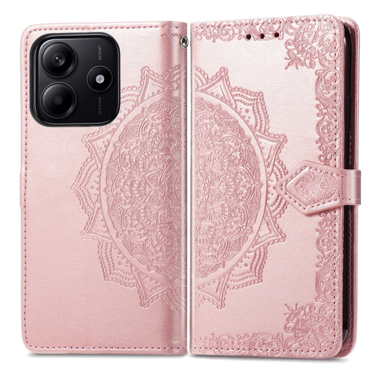 Rose gold mandala-embossed leather folio phone case with magnetic side strap