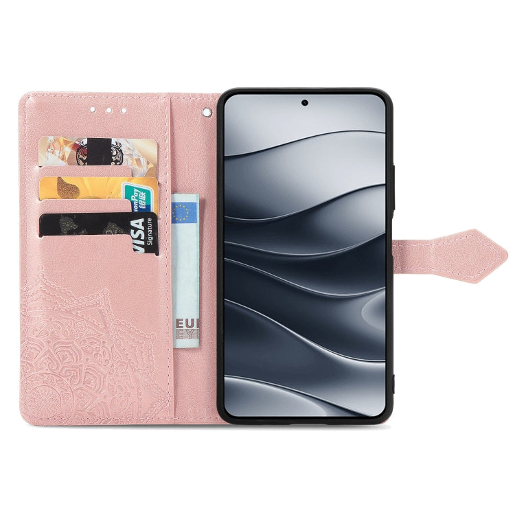 Rose gold mandala-embossed leather wallet-style phone case with card holder