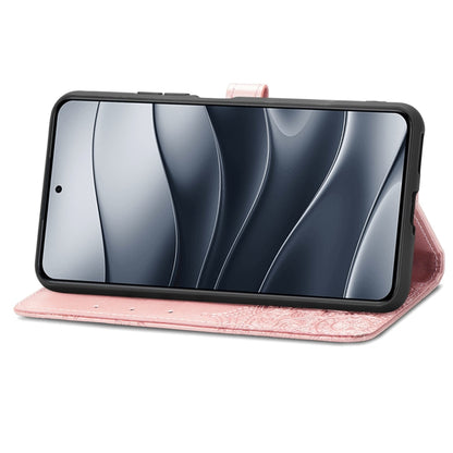 Rose gold mandala-embossed leather folio phone case with front stand view