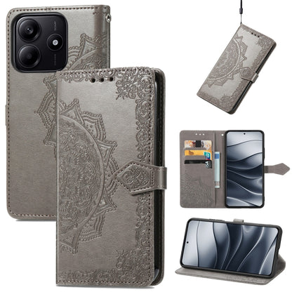Gray mandala-embossed leather folio phone case with embossed medallion design