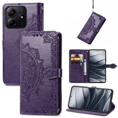 Purple mandala-embossed leather wallet phone case with folio flap strap