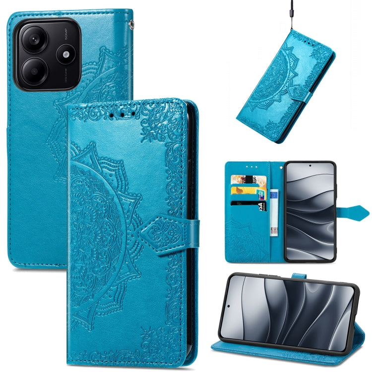 Blue mandala-embossed leather folio phone case with card slot and stand