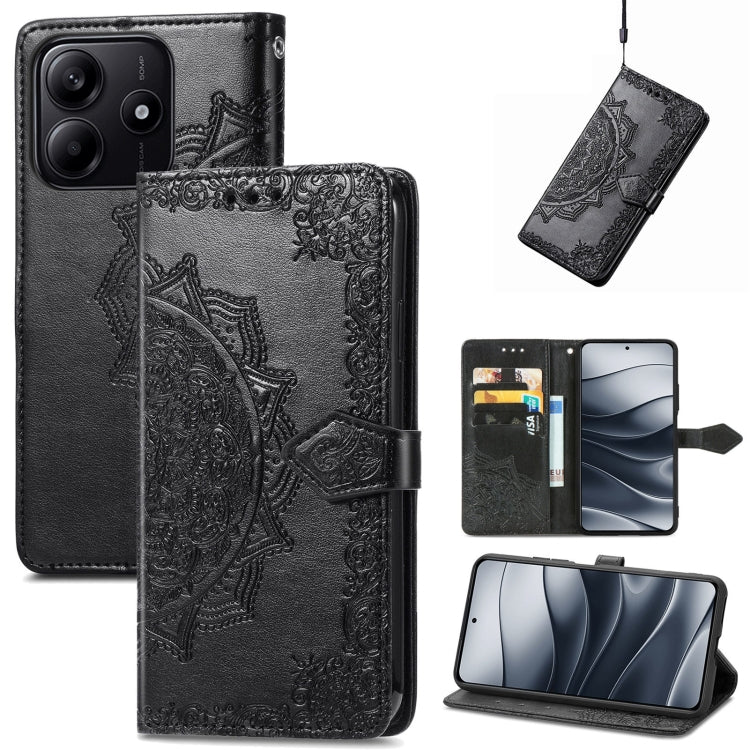 Black mandala-embossed leather folio phone case with embossed geometric mandala