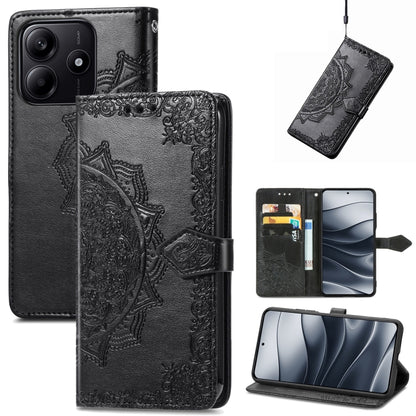 Black mandala-embossed leather folio phone case with embossed geometric mandala