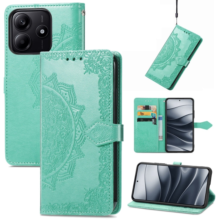 Green mandala-embossed leather folio phone case with magnetic closure strap