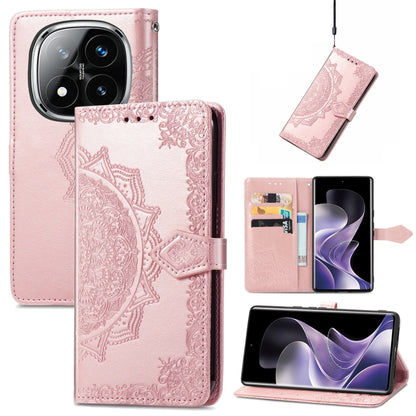 Rose embossed leather-style phone case with mandala pattern and magnetic side strap