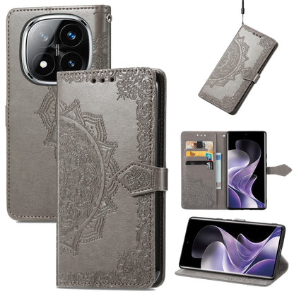 Gray embossed leather-style phone case with mandala pattern and magnetic side strap