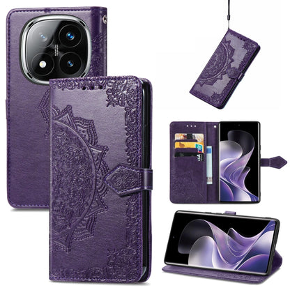 Purple embossed leather-style phone case with mandala pattern and magnetic side strap
