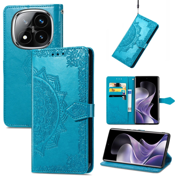 Blue embossed leather-style phone case with mandala pattern and magnetic side strap