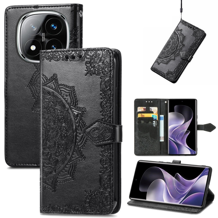 Black embossed leather-style phone case with mandala pattern and magnetic side strap