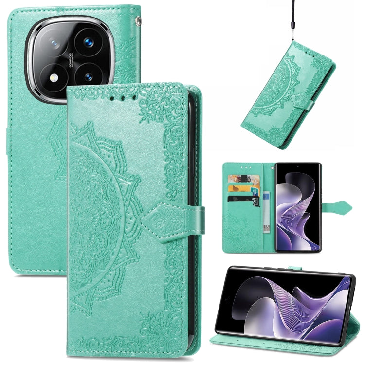 Mandala flower embossed leather phone case in teal green with folio flap and strap