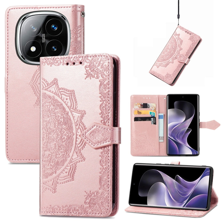Rose gold mandala-embossed leather phone case with folio flap and card pocket