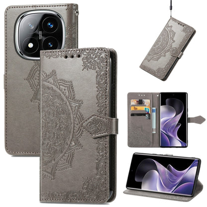 Gray embossed leather-style phone case with mandala pattern and magnetic side strap