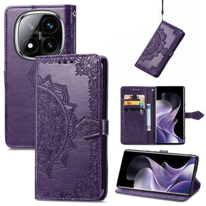 Purple embossed leather-style phone case with mandala pattern and magnetic side strap