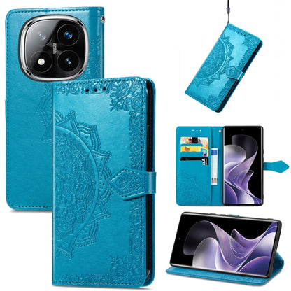 Blue embossed leather-style phone case with mandala pattern and magnetic side strap