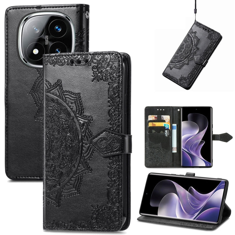 Black embossed leather-style phone case with mandala pattern and magnetic side strap