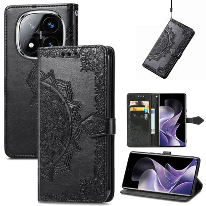 Black embossed leather-style phone case with mandala pattern and magnetic side strap