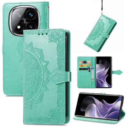 Green embossed leather-style phone case with mandala pattern and magnetic side strap