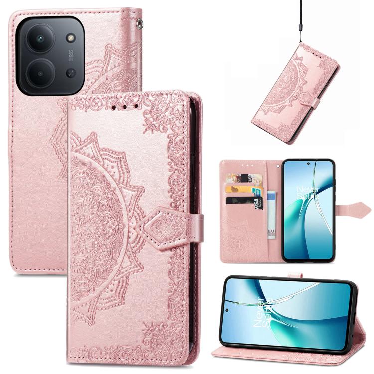 Mandala flower embossed leather phone case in rose pink with folio flap and strap