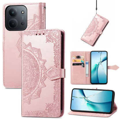 Mandala flower embossed leather phone case in rose pink with folio flap and strap
