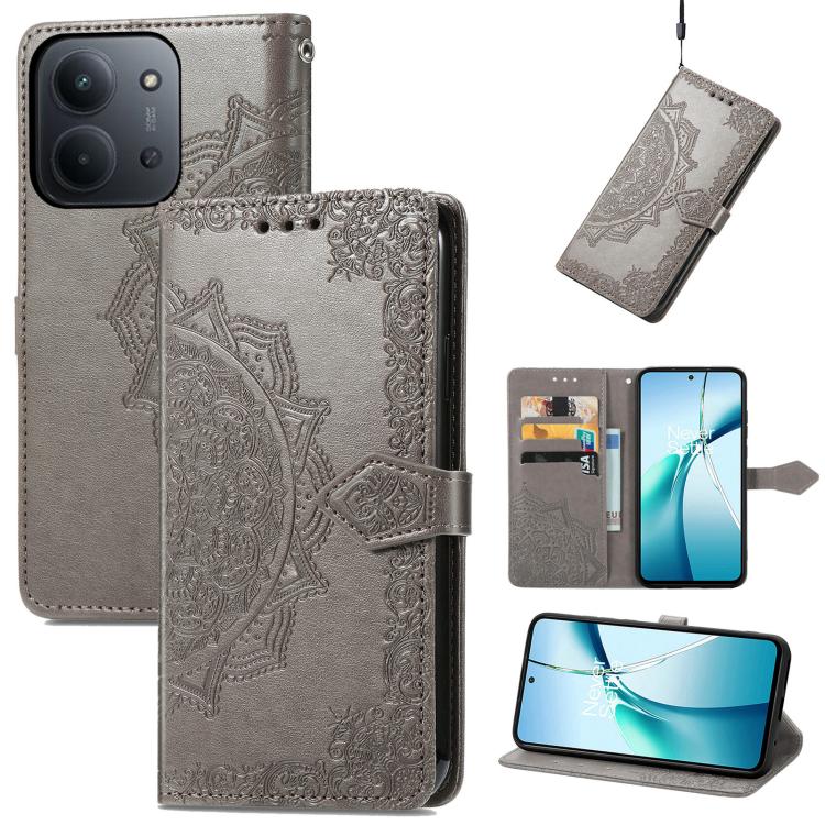 Mandala flower embossed leather phone case in dark gray with folio flap and strap