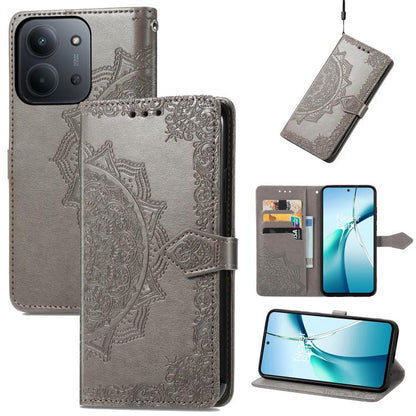 Mandala flower embossed leather phone case in dark gray with folio flap and strap